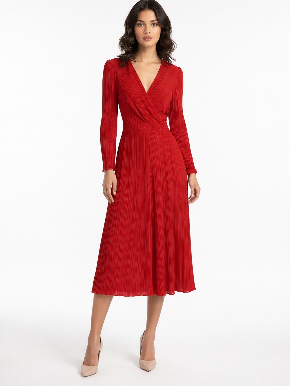 Vintage Plisse Fotuny Style Deep V Red Dress Made in France